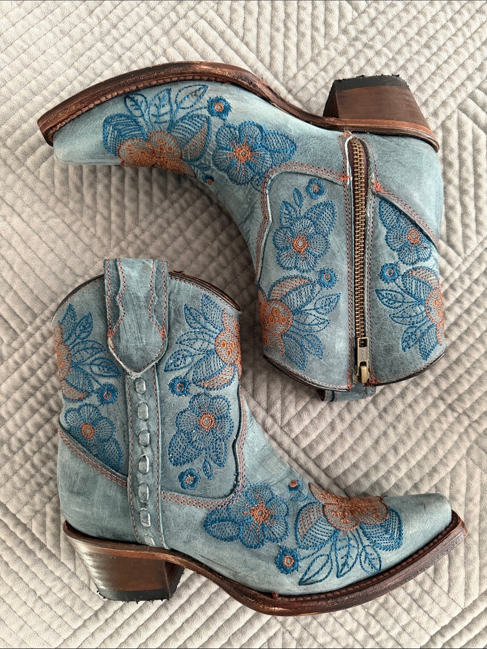 Circle G Light Blue Embroidered Floral Ankle Booties